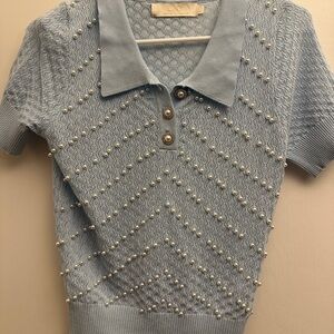 Light Blue Short Sleeve Top with Pearl Accents